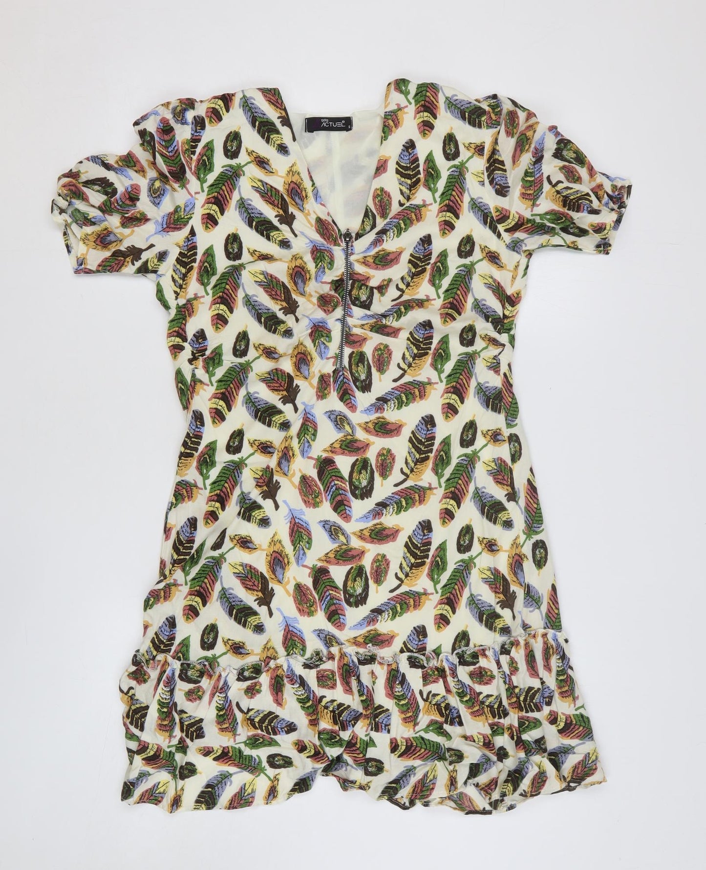 Actuel Womens Multicoloured Geometric Polyester Mini Size S V-Neck Zip - Feather Print