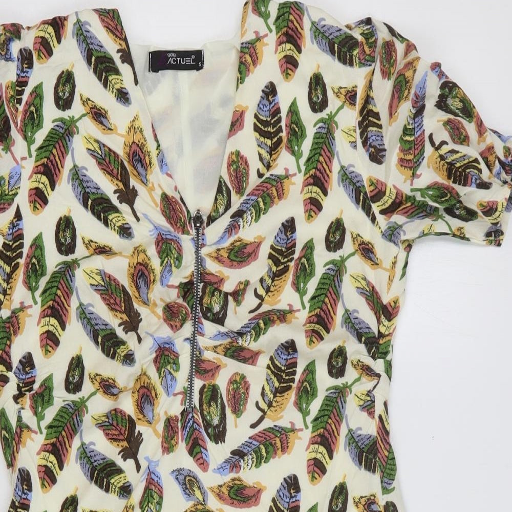 Actuel Womens Multicoloured Geometric Polyester Mini Size S V-Neck Zip - Feather Print