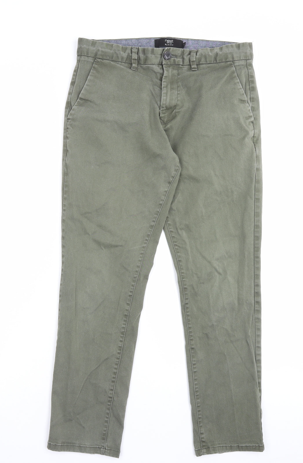 NEXT Mens Green Cotton Chino Trousers Size 32 L28 in Slim Button - Short Leg