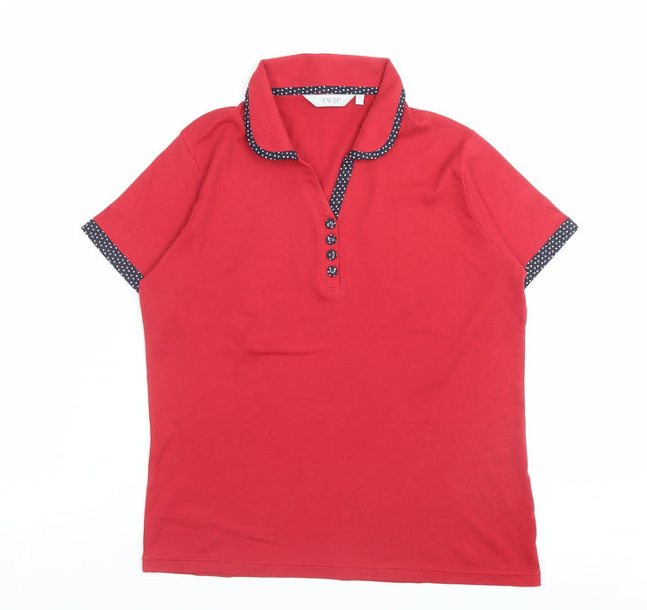 EWM Womens Red Cotton Basic Polo Size M V-Neck