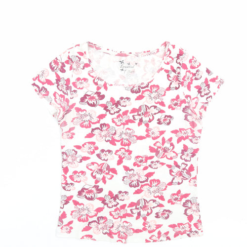 Essential Womens Pink Floral Polyester Basic T-Shirt Size 10 Crew Neck