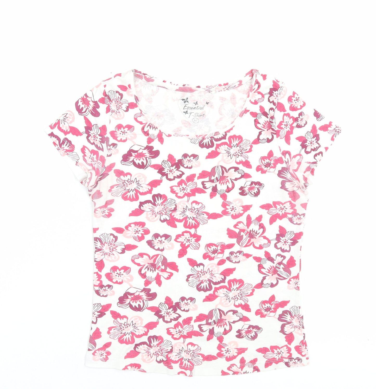 Essential Womens Pink Floral Polyester Basic T-Shirt Size 10 Crew Neck