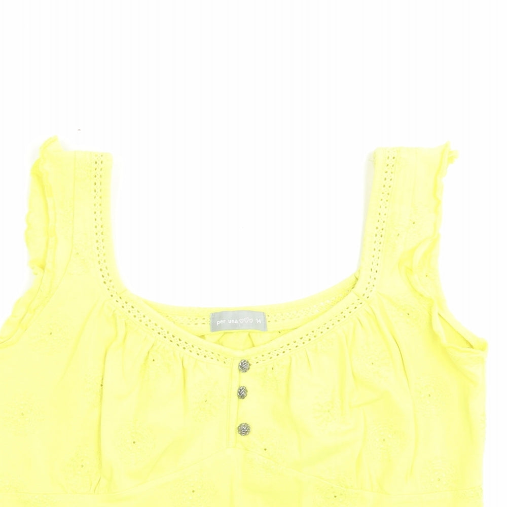 Per Una Womens Green Cotton Camisole Tank Size 14 Scoop Neck - Lettuce Edging