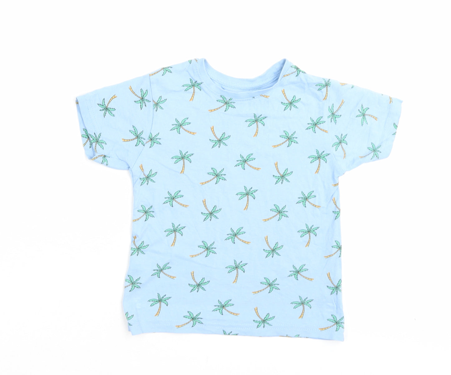 Primark Boys Blue Geometric Cotton Basic T-Shirt Size 4-5 Years Crew Neck Pullover - Palm Tree Print