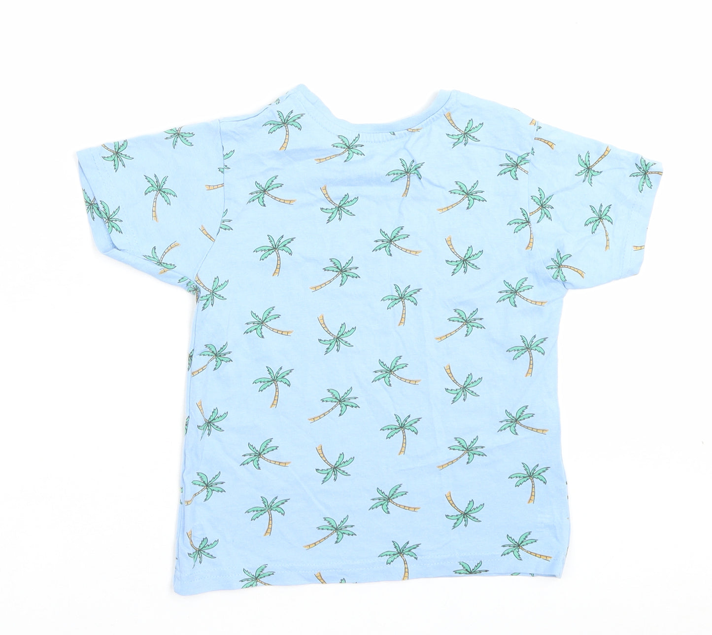 Primark Boys Blue Geometric Cotton Basic T-Shirt Size 4-5 Years Crew Neck Pullover - Palm Tree Print