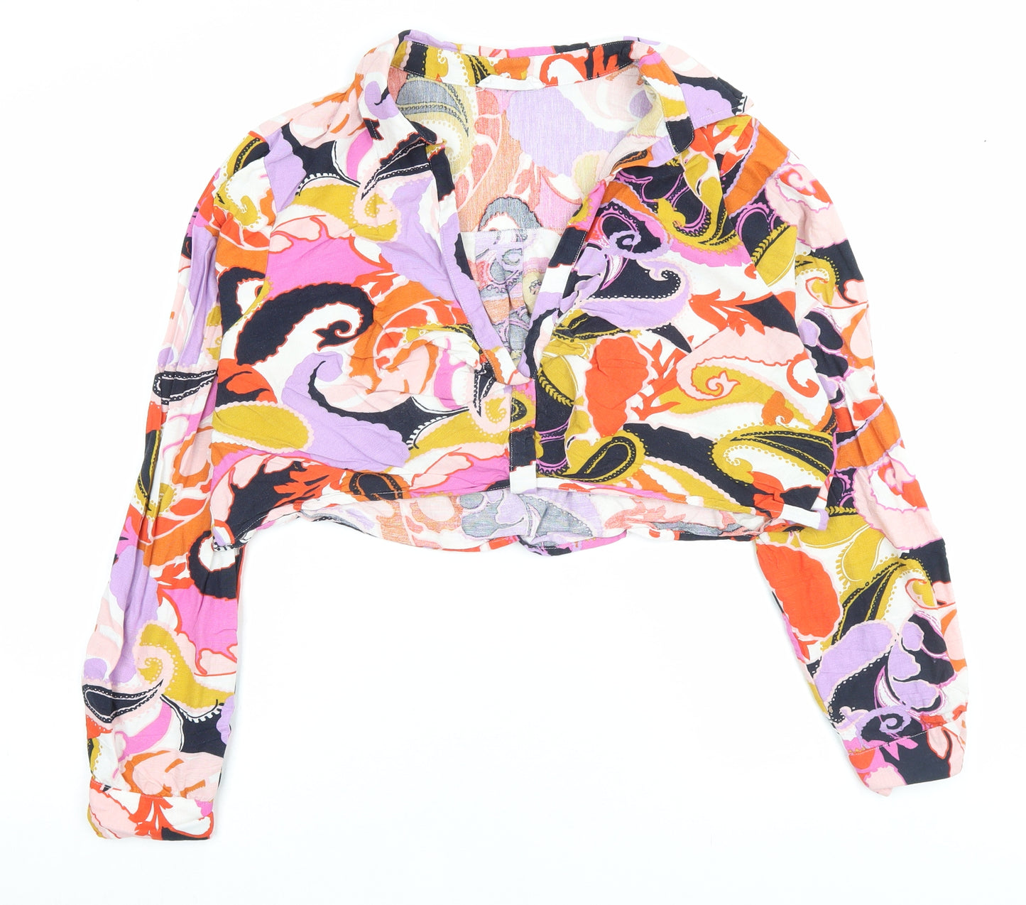 Primark Womens Multicoloured Geometric Cotton Cropped Blouse Size M V-Neck