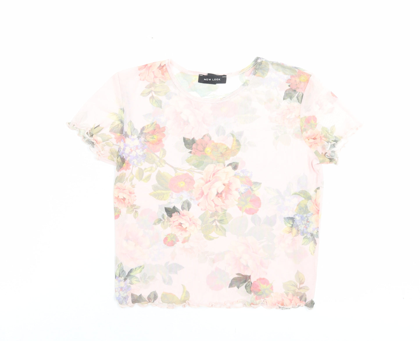 New Look Womens Pink Floral Polyester Cropped T-Shirt Size 14 Crew Neck - Lettuce Edging