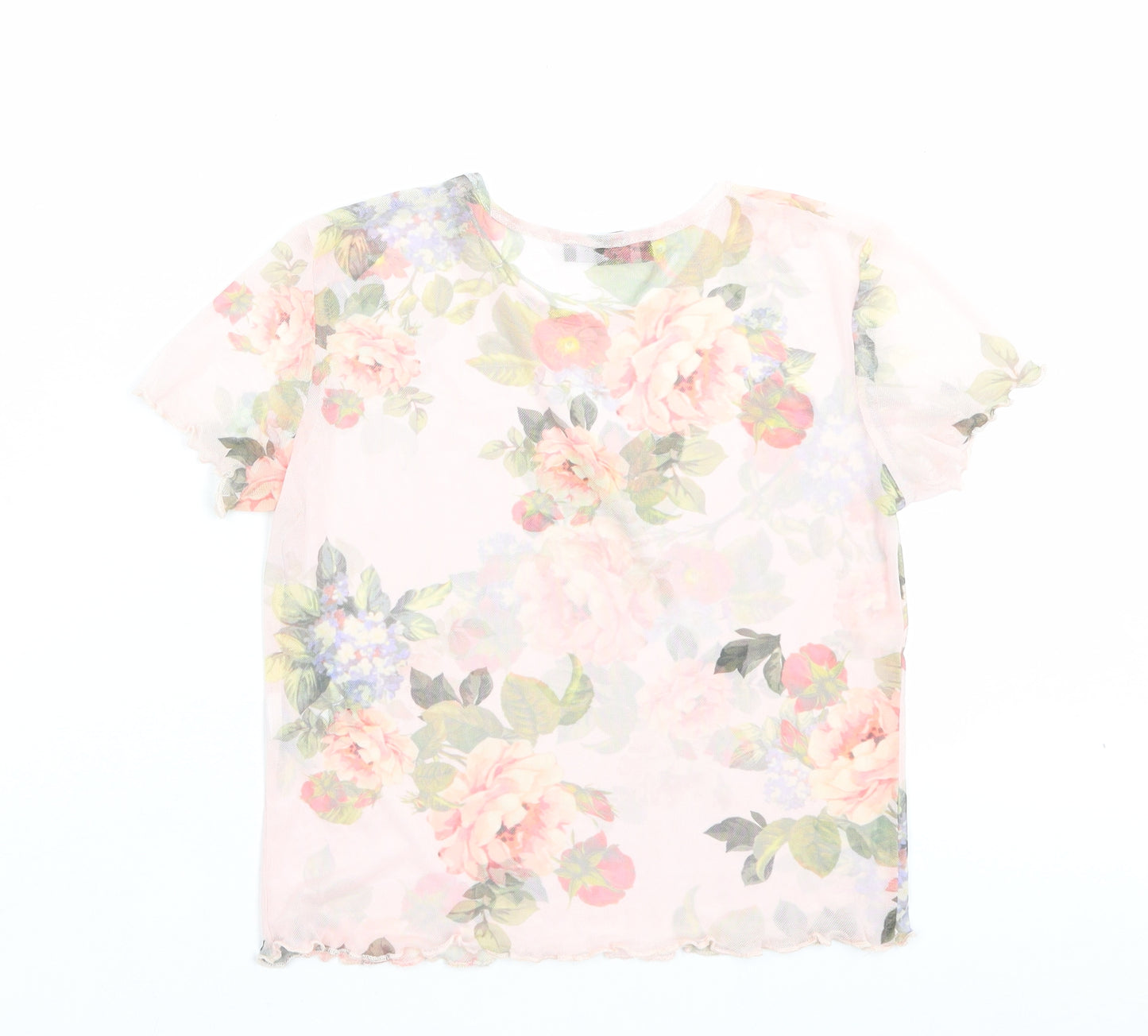New Look Womens Pink Floral Polyester Cropped T-Shirt Size 14 Crew Neck - Lettuce Edging