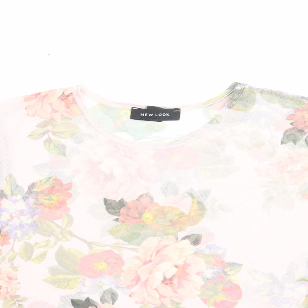 New Look Womens Pink Floral Polyester Cropped T-Shirt Size 14 Crew Neck - Lettuce Edging