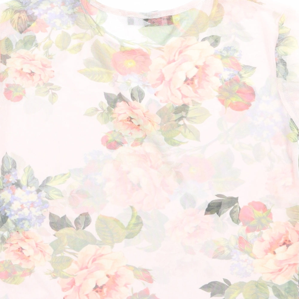 New Look Womens Pink Floral Polyester Cropped T-Shirt Size 14 Crew Neck - Lettuce Edging