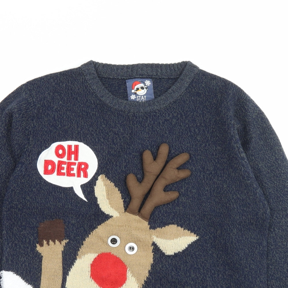 F&F Boys Blue Crew Neck Acrylic Pullover Jumper Size 13-14 Years Pullover - Oh Deer