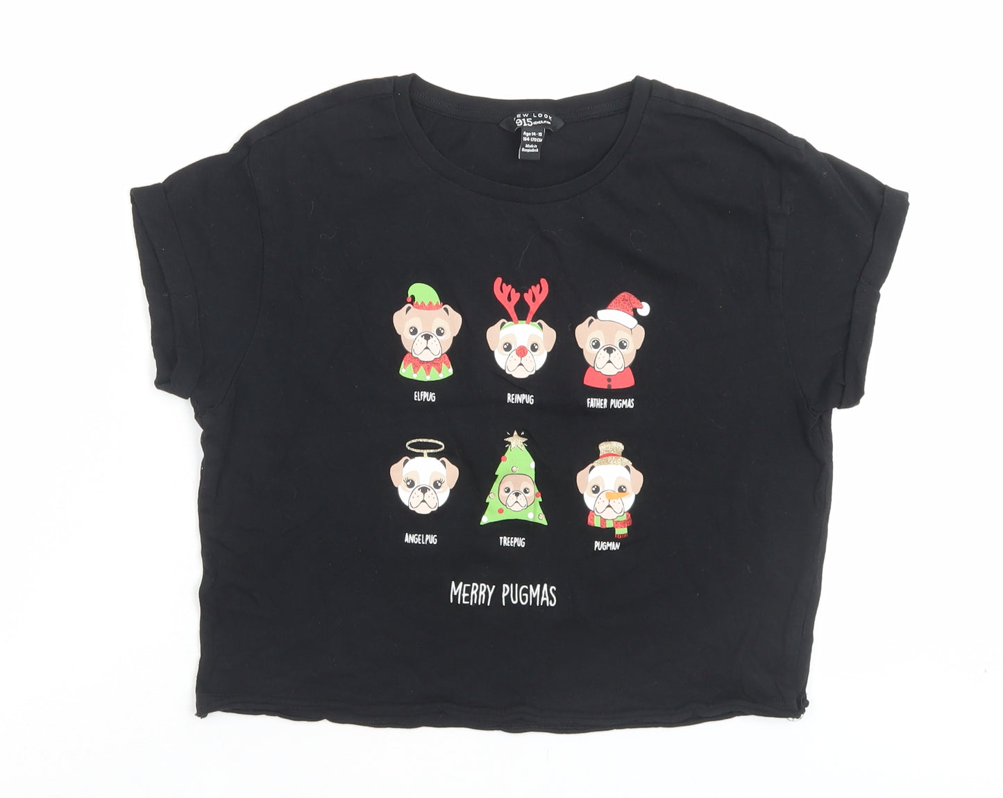 New Look Girls Black Cotton Cropped T-Shirt Size 14-15 Years Crew Neck Pullover - Merry Pugmus