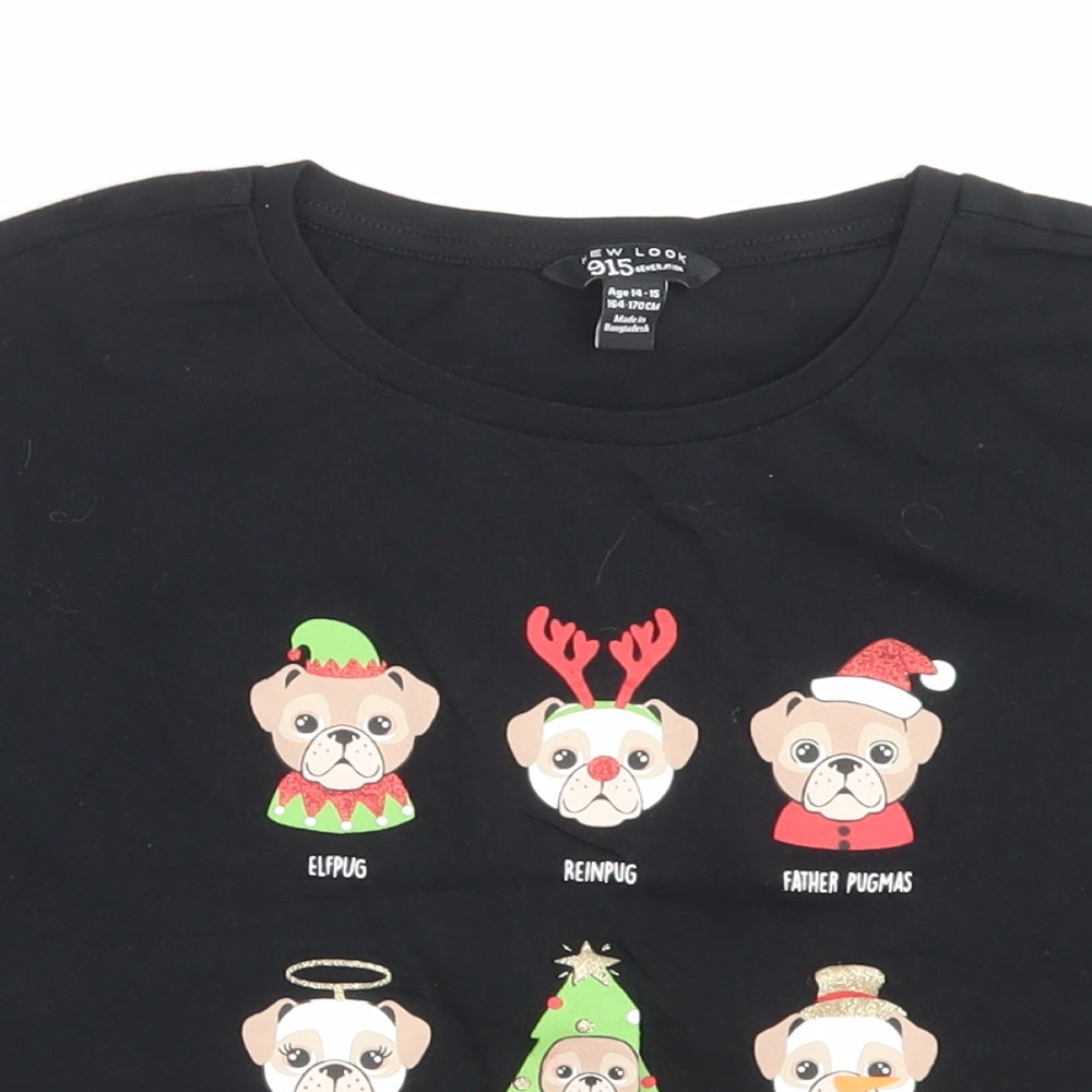 New Look Girls Black Cotton Cropped T-Shirt Size 14-15 Years Crew Neck Pullover - Merry Pugmus