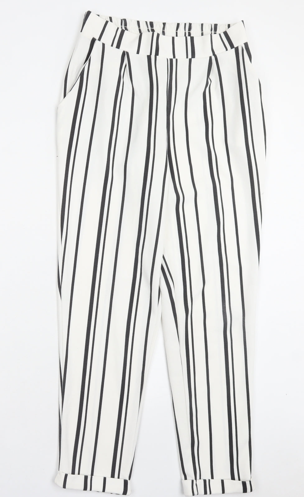 Primark Womens White Striped Polyester Trousers Size 10 L27 in Regular