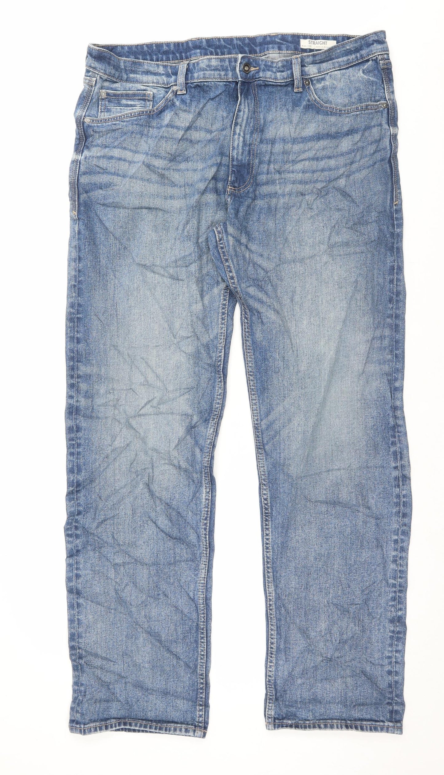Marks and Spencer Mens Blue Cotton Straight Jeans Size 40 L33 in Regular Button - Long Leg