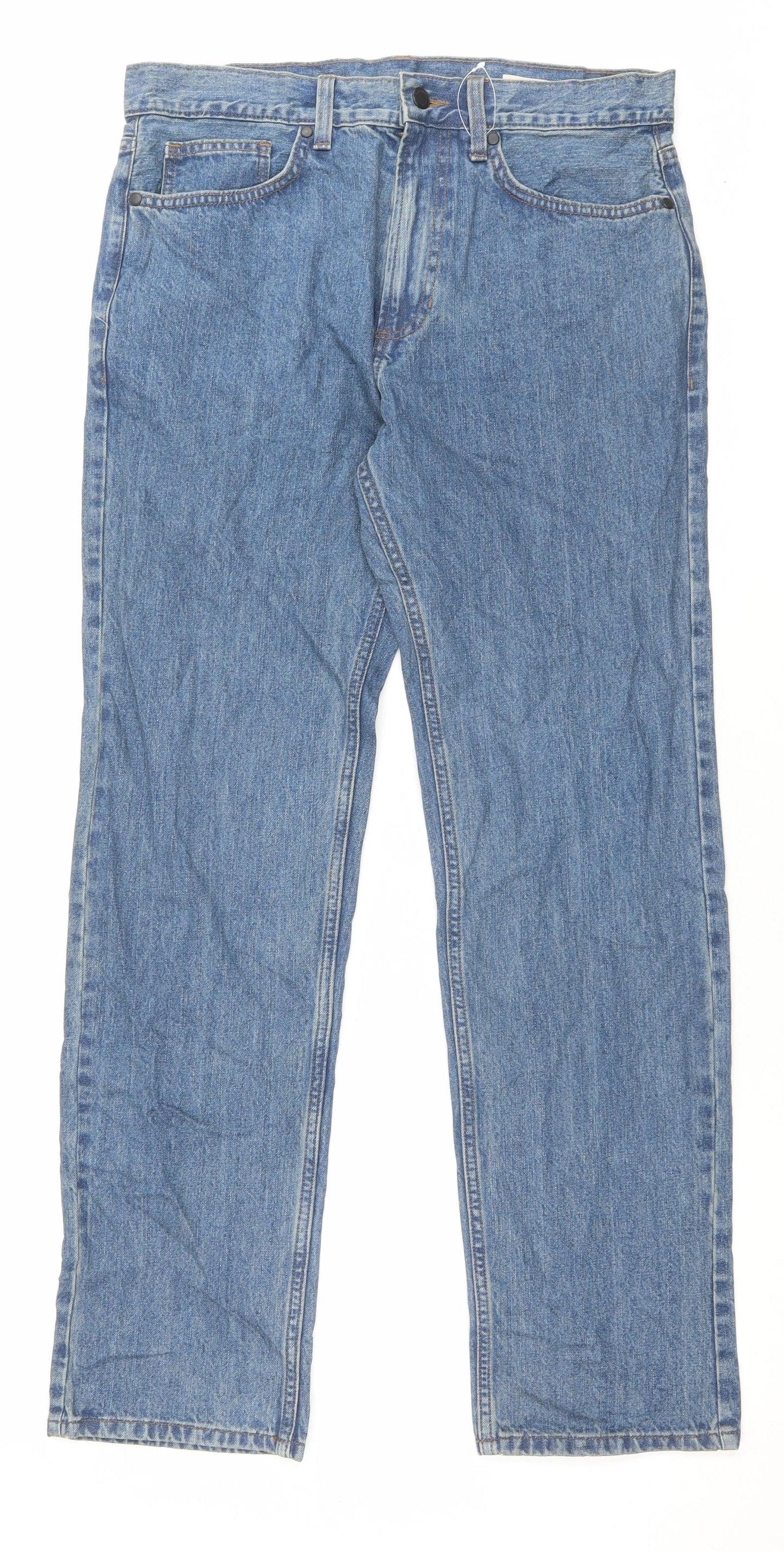 Marks and Spencer Mens Blue Cotton Straight Jeans Size 32 in L31 in Regular Button
