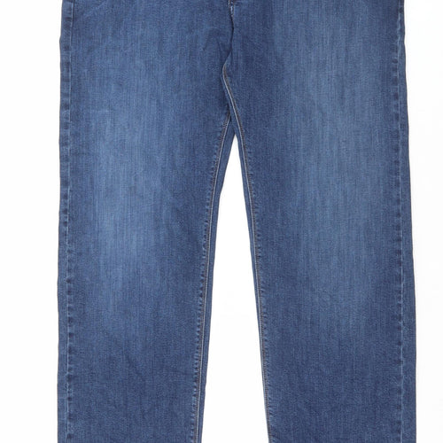 Marks and Spencer Mens Blue Cotton Straight Jeans Size 36 in L33 in Regular Button - Long Leg