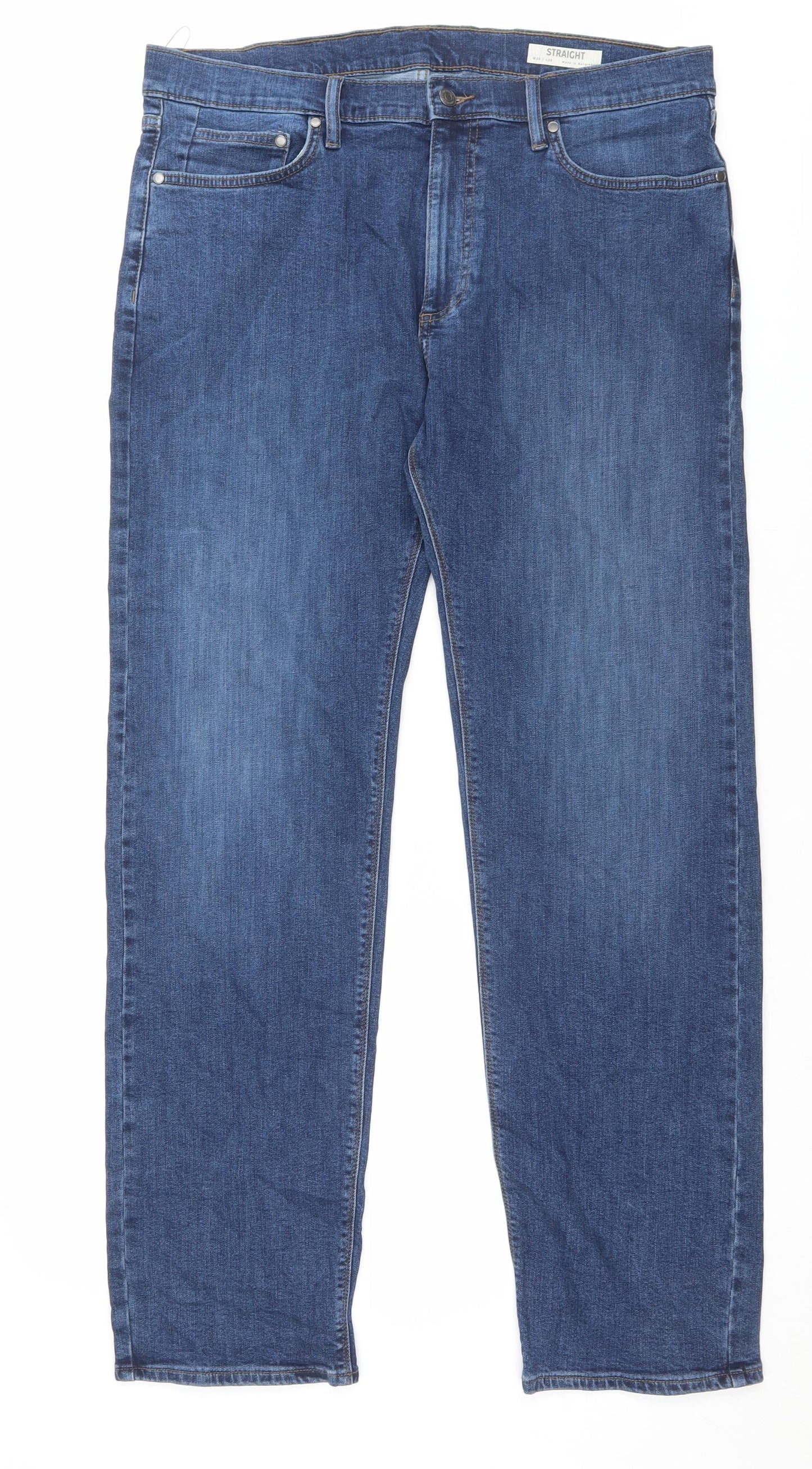 Marks and Spencer Mens Blue Cotton Straight Jeans Size 36 in L33 in Regular Button - Long Leg