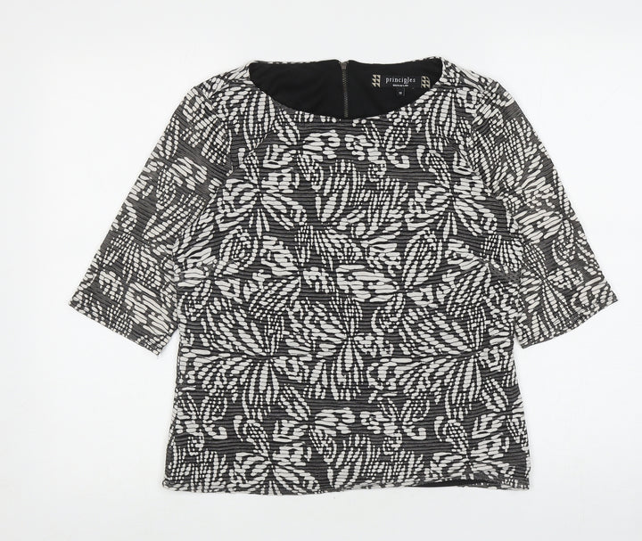 Principles Womens Black Floral Viscose Basic Blouse Size 12 Boat Neck