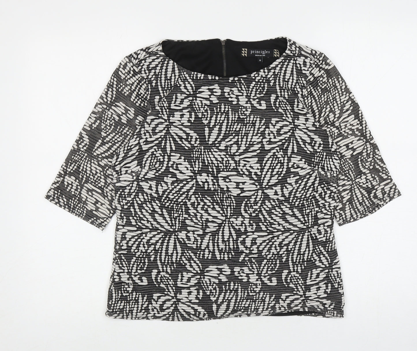 Principles Womens Black Floral Viscose Basic Blouse Size 12 Boat Neck