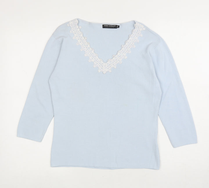 Debbie Morgan Womens Blue V-Neck Nylon Pullover Jumper Size M