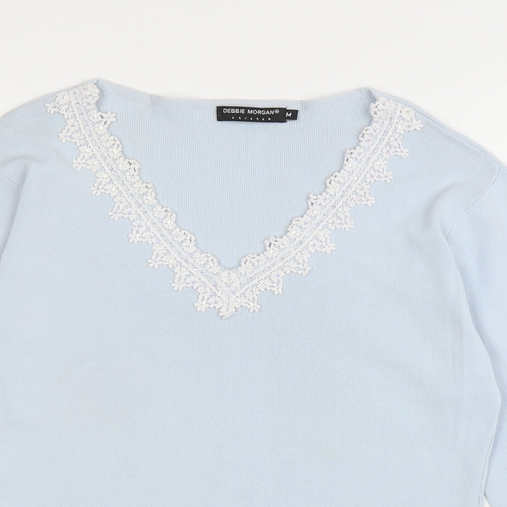 Debbie Morgan Womens Blue V-Neck Nylon Pullover Jumper Size M