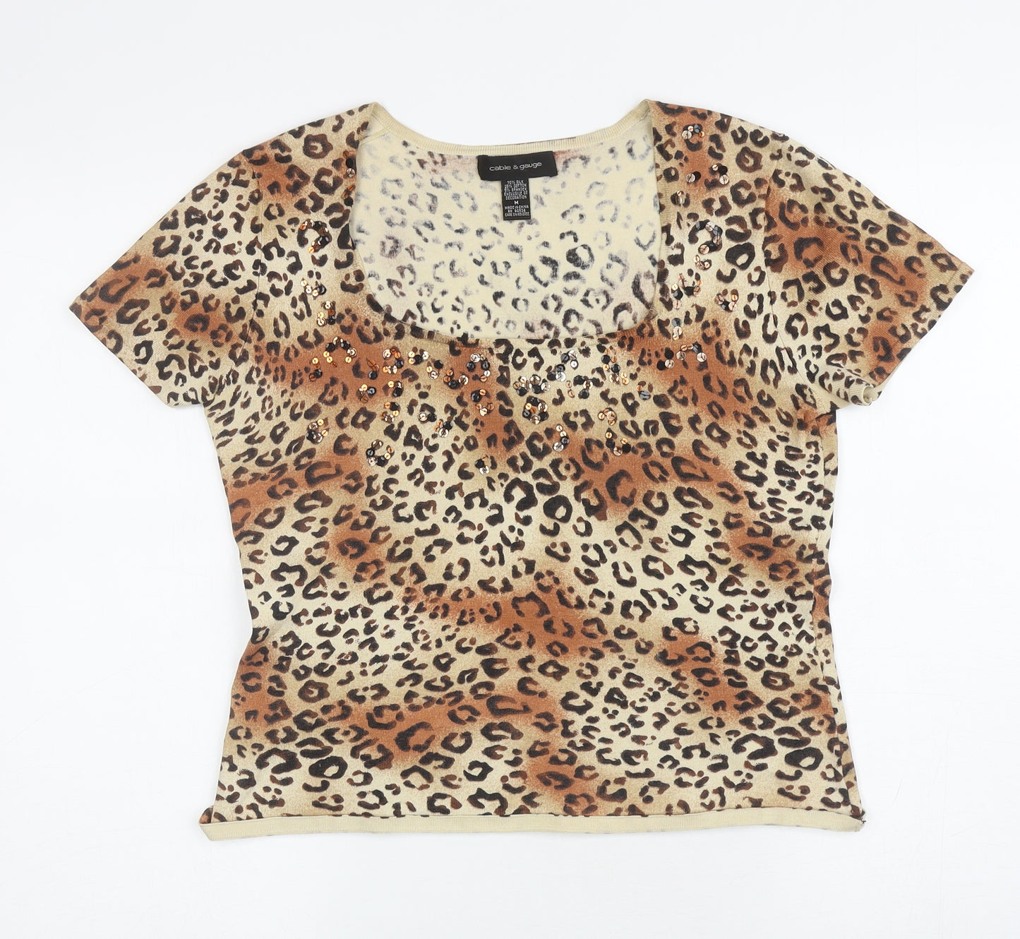 Cable & Gauge Womens Brown Animal Print Silk Basic T-Shirt Size M Square Neck - Leopard Print