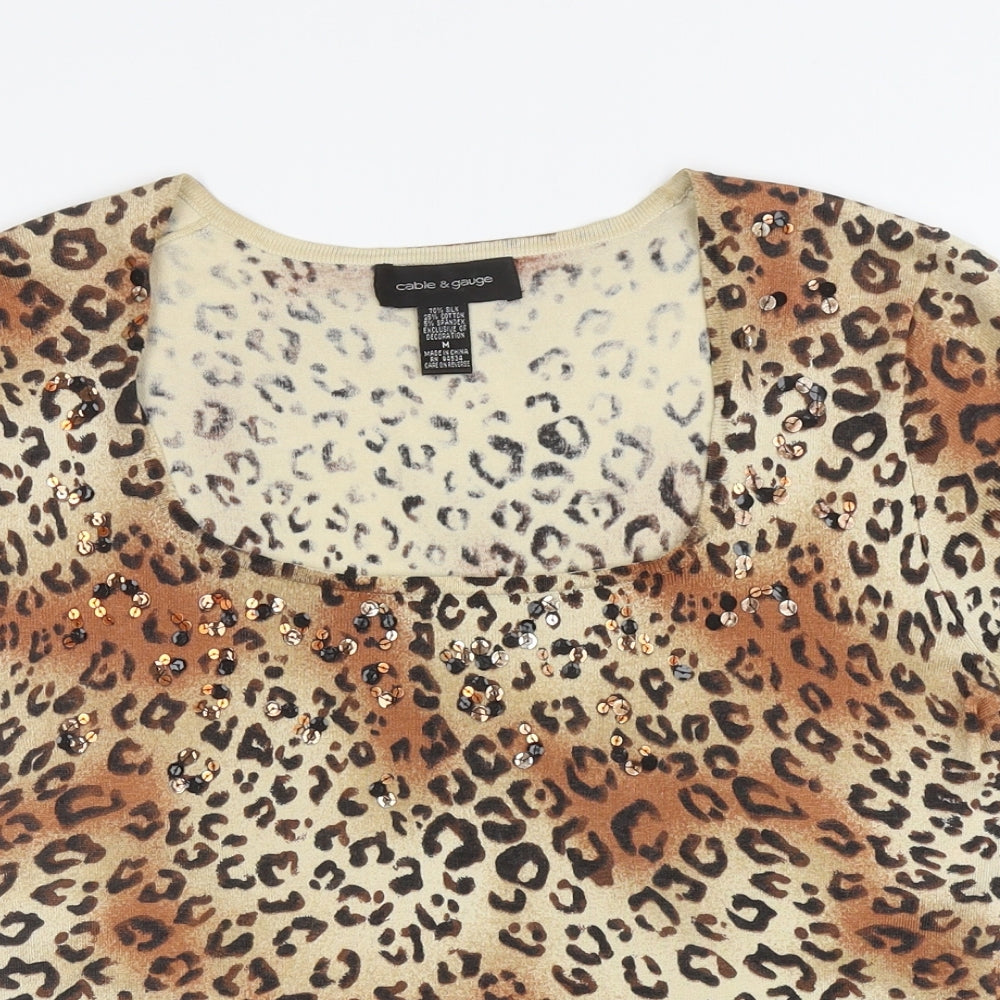 Cable & Gauge Womens Brown Animal Print Silk Basic T-Shirt Size M Square Neck - Leopard Print