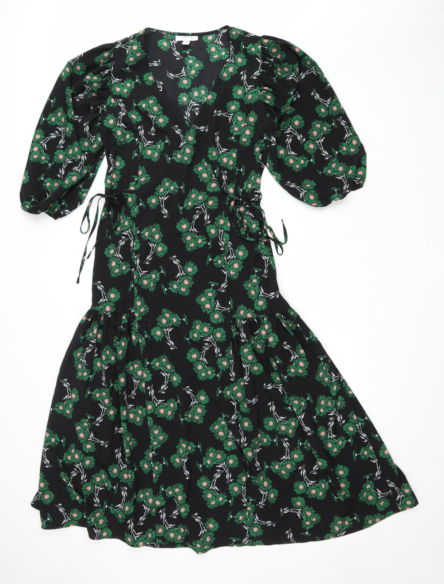 Topshop Womens Black Floral Polyester Wrap Dress Size 6 V-Neck Tie