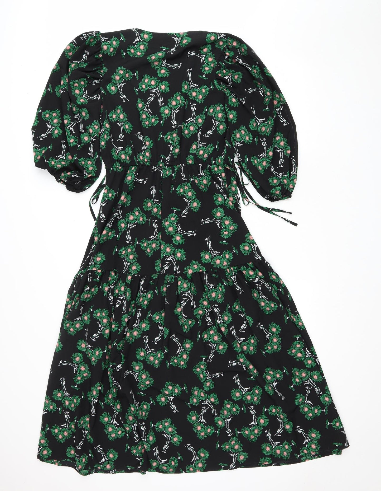 Topshop Womens Black Floral Polyester Wrap Dress Size 6 V-Neck Tie