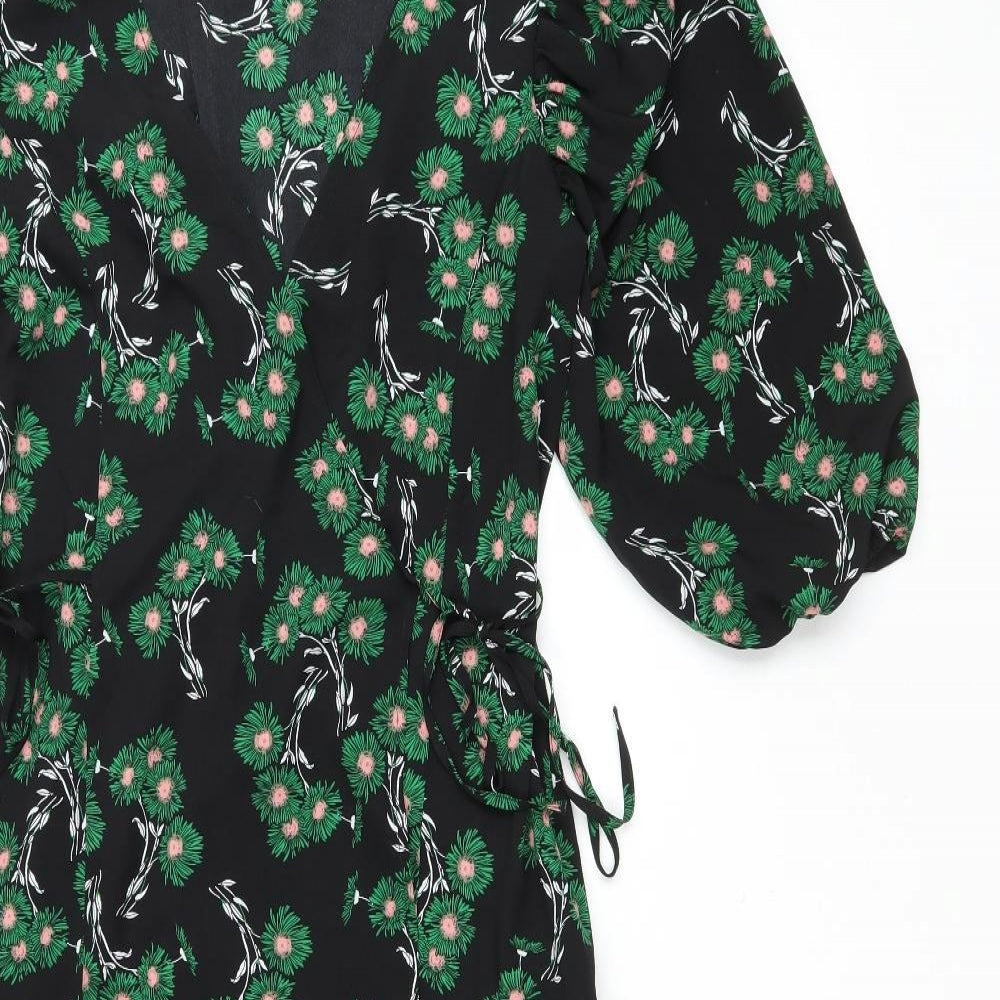 Topshop Womens Black Floral Polyester Wrap Dress Size 6 V-Neck Tie