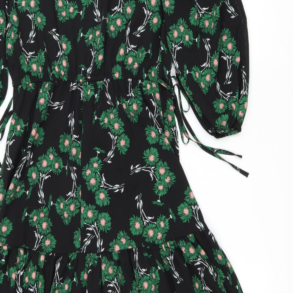Topshop Womens Black Floral Polyester Wrap Dress Size 6 V-Neck Tie