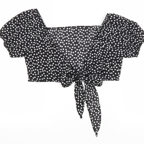 SheIn Womens Black Floral Polyester Cropped Blouse Size M V-Neck - Tie Front