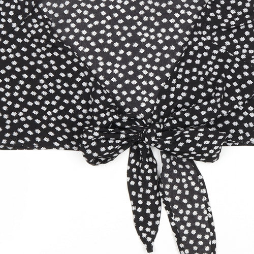 SheIn Womens Black Floral Polyester Cropped Blouse Size M V-Neck - Tie Front