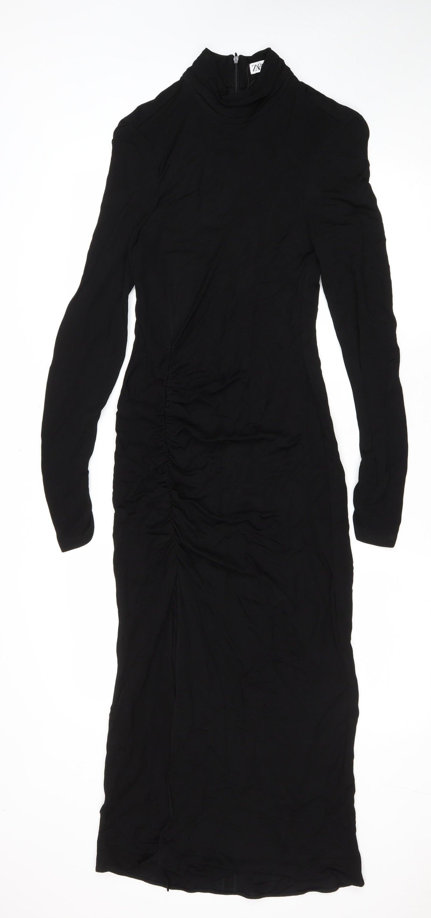 Zara Womens Black Viscose Bodycon Size L High Neck Zip
