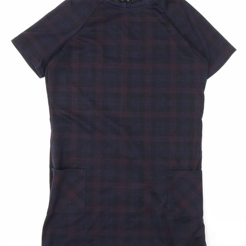 New Look Womens Blue Plaid Polyester T-Shirt Dress Size 12 Round Neck Pullover