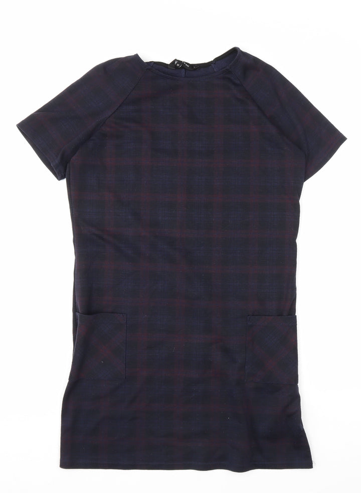New Look Womens Blue Plaid Polyester T-Shirt Dress Size 12 Round Neck Pullover