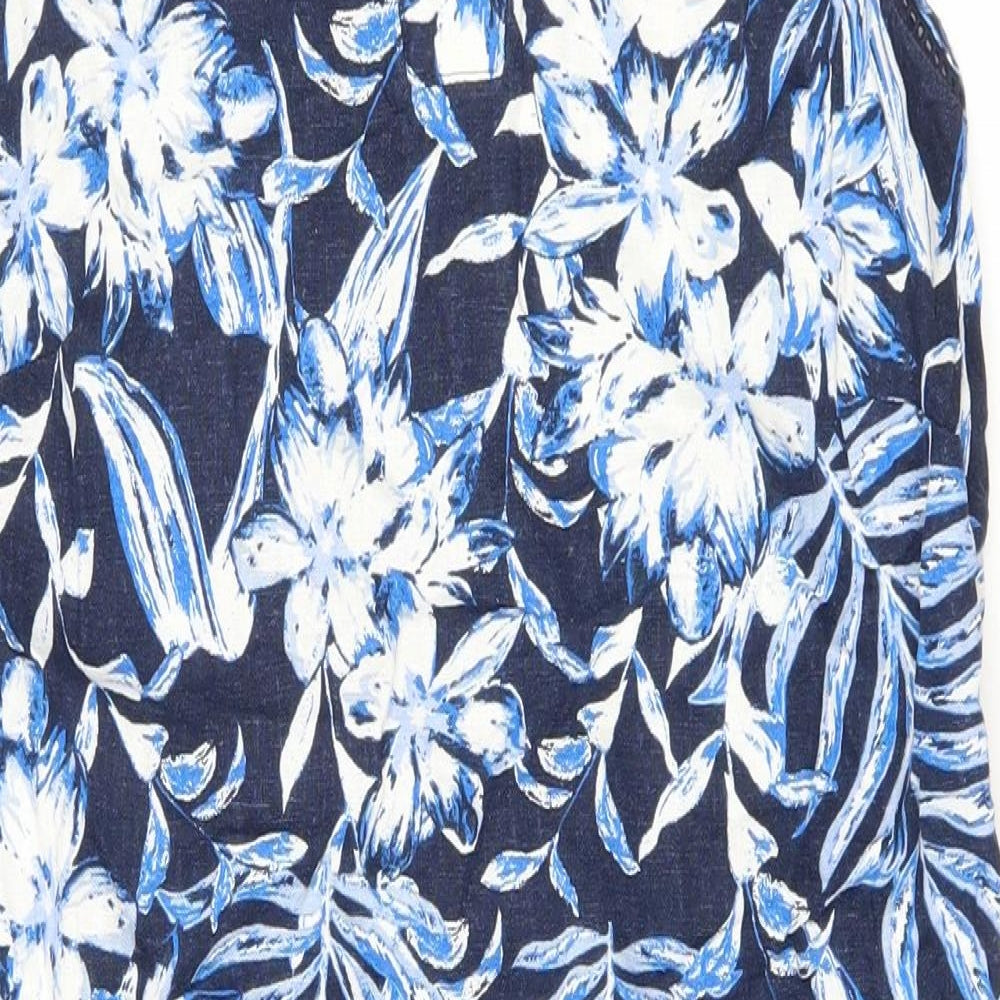 George Womens Black Floral Linen A-Line Size 10 Scoop Neck Button