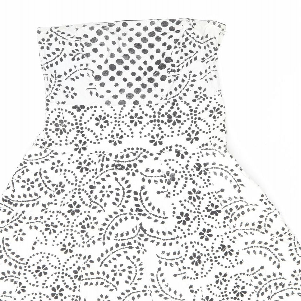 Marks and Spencer Womens White Geometric Cotton Fit & Flare Size 10 Off the Shoulder Zip