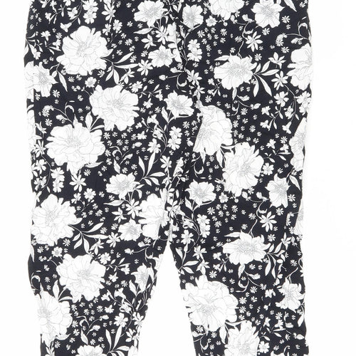 F&F Womens Black Floral Viscose Trousers Size 14 L26 in Regular Drawstring