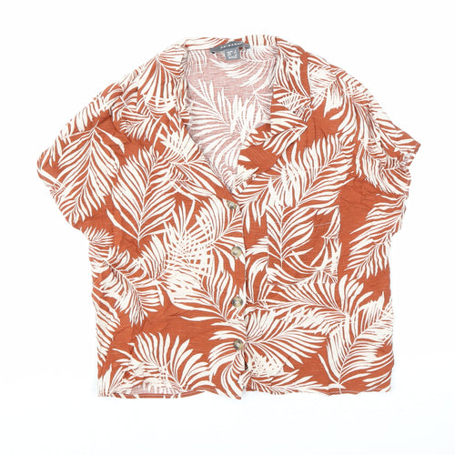 Primark Womens Orange Floral Viscose Cropped Button-Up Size 6 Collared