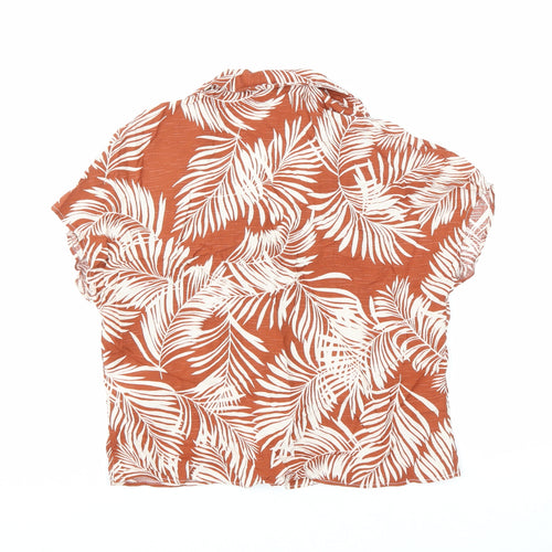 Primark Womens Orange Floral Viscose Cropped Button-Up Size 6 Collared