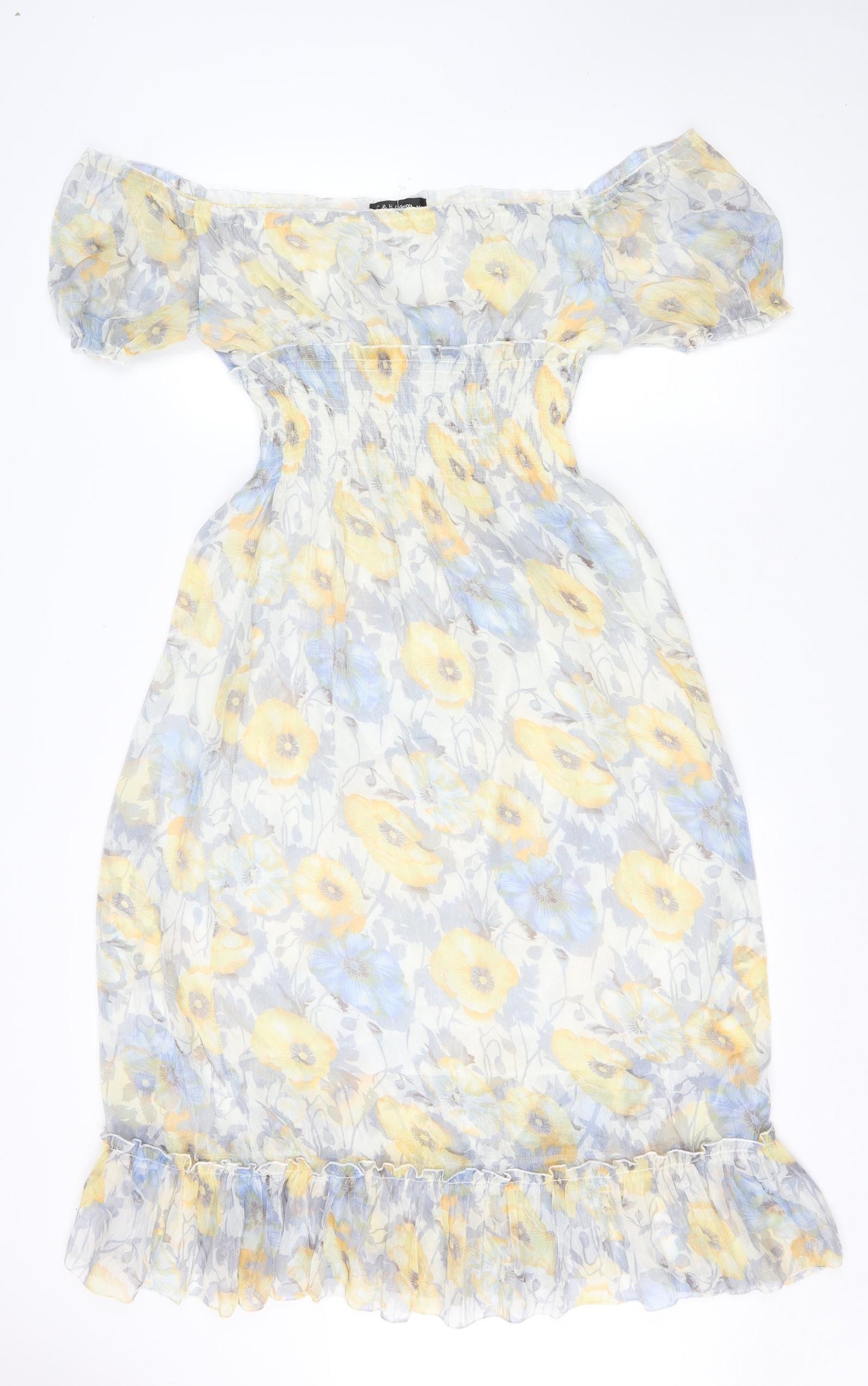 COLLUSION Womens Multicoloured Floral Silk Fit & Flare Size M Off the Shoulder Pullover