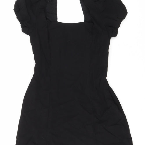 Zara Womens Black Cotton Skater Dress Size S Square Neck Zip - Lace up detail