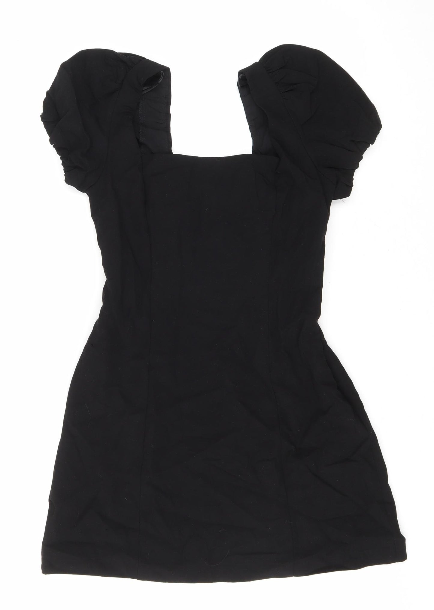 Zara Womens Black Cotton Skater Dress Size S Square Neck Zip - Lace up detail