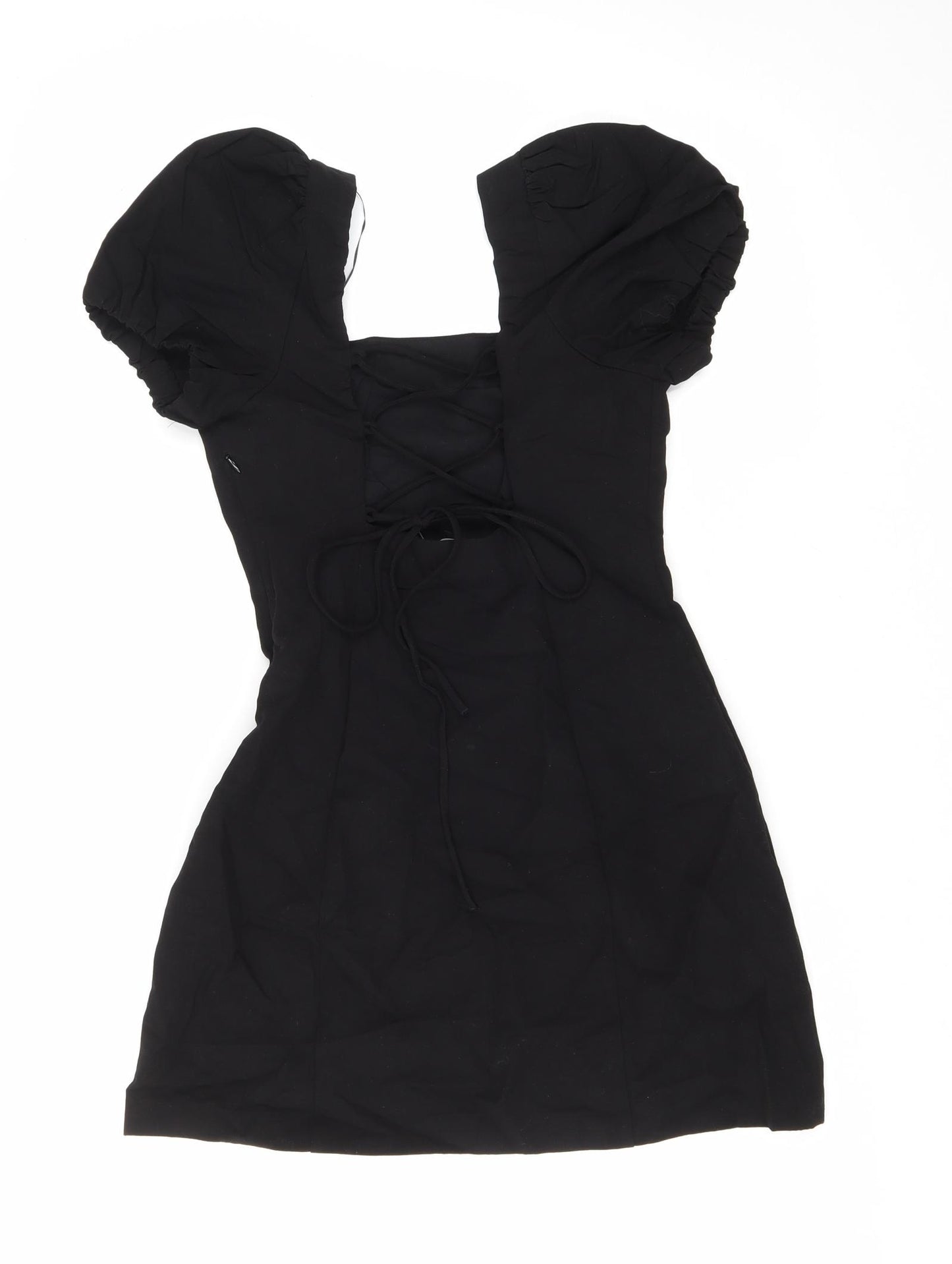 Zara Womens Black Cotton Skater Dress Size S Square Neck Zip - Lace up detail