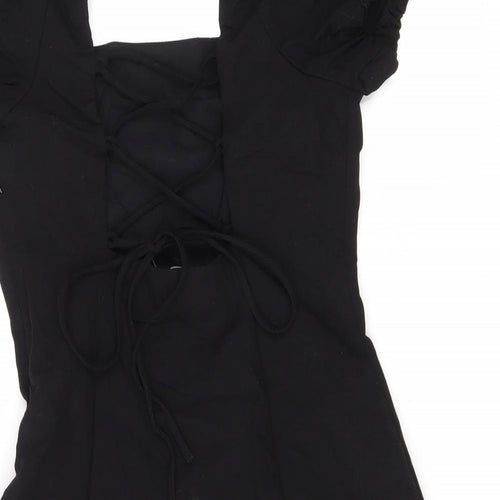 Zara Womens Black Cotton Skater Dress Size S Square Neck Zip - Lace up detail
