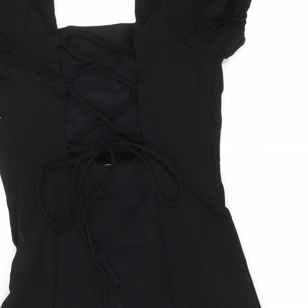 Zara Womens Black Cotton Skater Dress Size S Square Neck Zip - Lace up detail