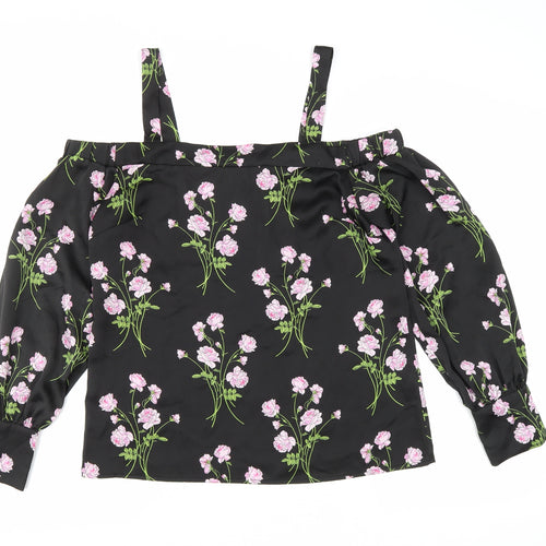 Warehouse Womens Black Floral Polyester Basic Blouse Size 10 Off the Shoulder - Cold Shoulder