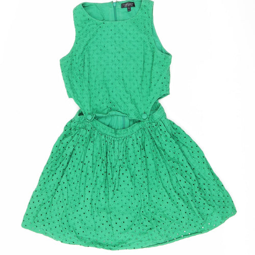 Topshop Womens Green Cotton Fit & Flare Size 10 Scoop Neck Zip - Cut out detail